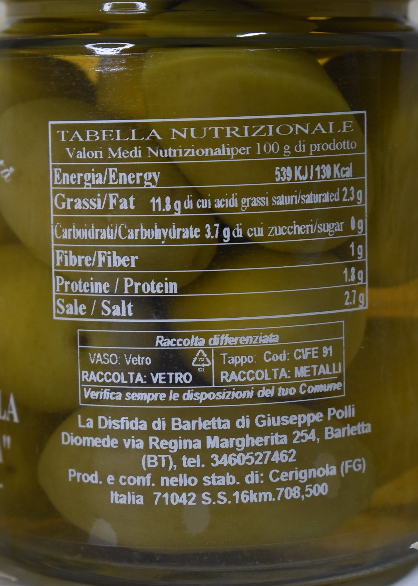 OLIVE DA TAVOLA "BELLA DI CERIGNOLA" (PEZZ. GRANDE) IN SALAMOIA